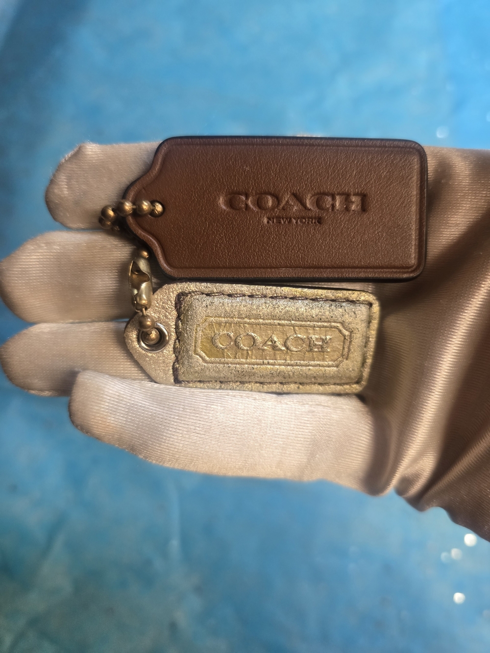 Coach Set Of 2 Leather Hangtags - Brown and Metallic Shimmer With Chain